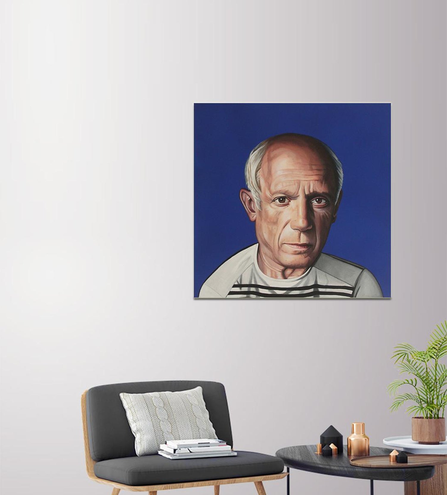 Portrait Of Pablo Picasso Hyperrealist Colorful Painting On Blue