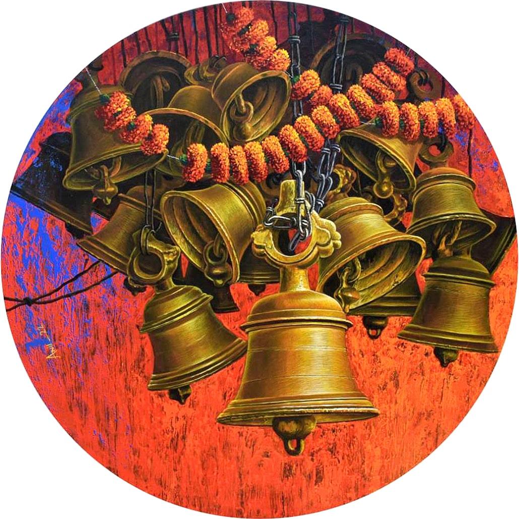 Aradhana-15, Acrylique sur toile, artiste contemporain rouge, orange « En stock »