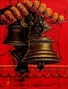 Bells, Acrylic on Canvas, Red, Orange Colors Contemporary Artist "In Stock"