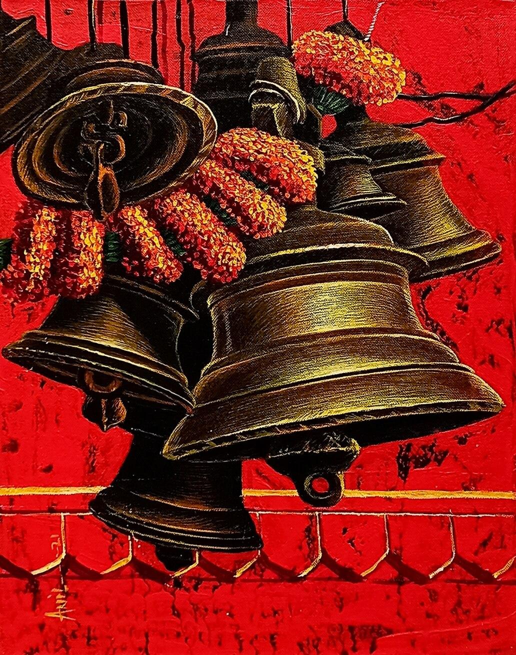 Anil Kumar Yadav Interior Painting - Bells, Acrylic on Canvas, Red, Orange Colors Contemporary Artist "In Stock"