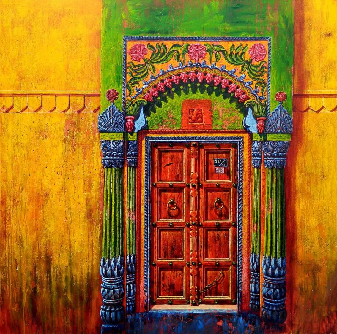 Anil Kumar Yadav Interior Painting - Door-IX, Acrylic on Canvas, Yellow, Red by Contemporary Indian Artist "In Stock"