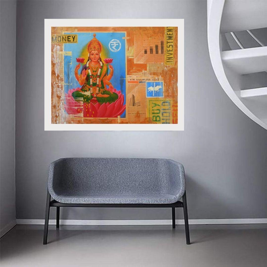 Mahalaxmi, Acryl auf Leinwand, Rot, Gelb von zeitgenössischem Künstler, „Auf Lager“ – Painting von Anil Kumar Yadav