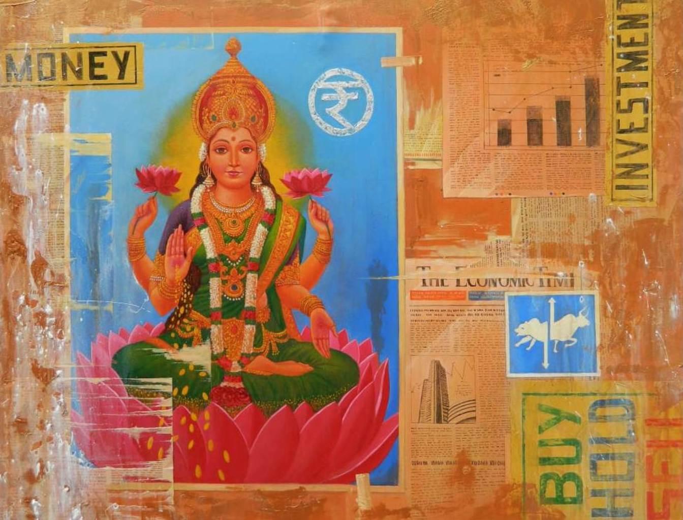 Mahalaxmi, acrylique sur toile, rouge, jaune par l'artiste contemporain « En stock »
