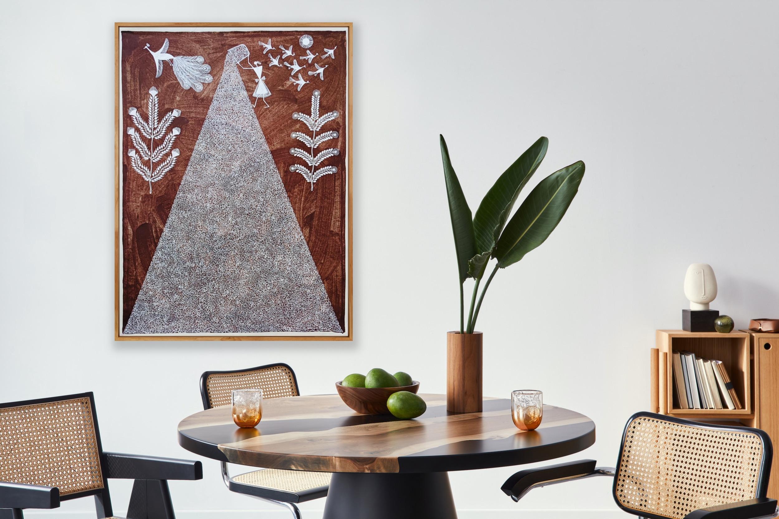 Animal Tribal Painting on Canvas India Natural Mud Minimal Brown White Triangle For Sale 8