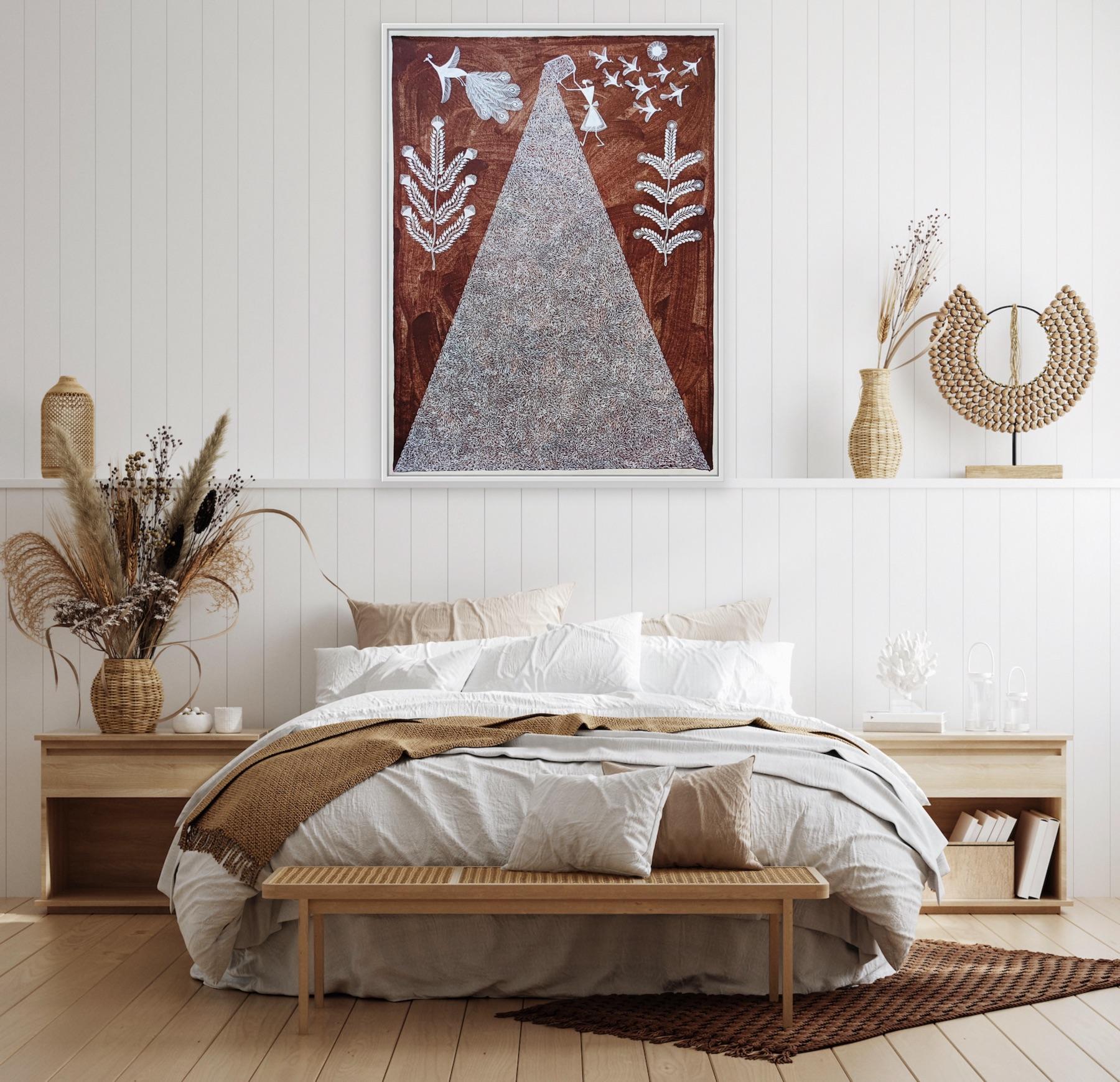 Animal Tribal Painting on Canvas India Natural Mud Minimal Brown White Triangle For Sale 9