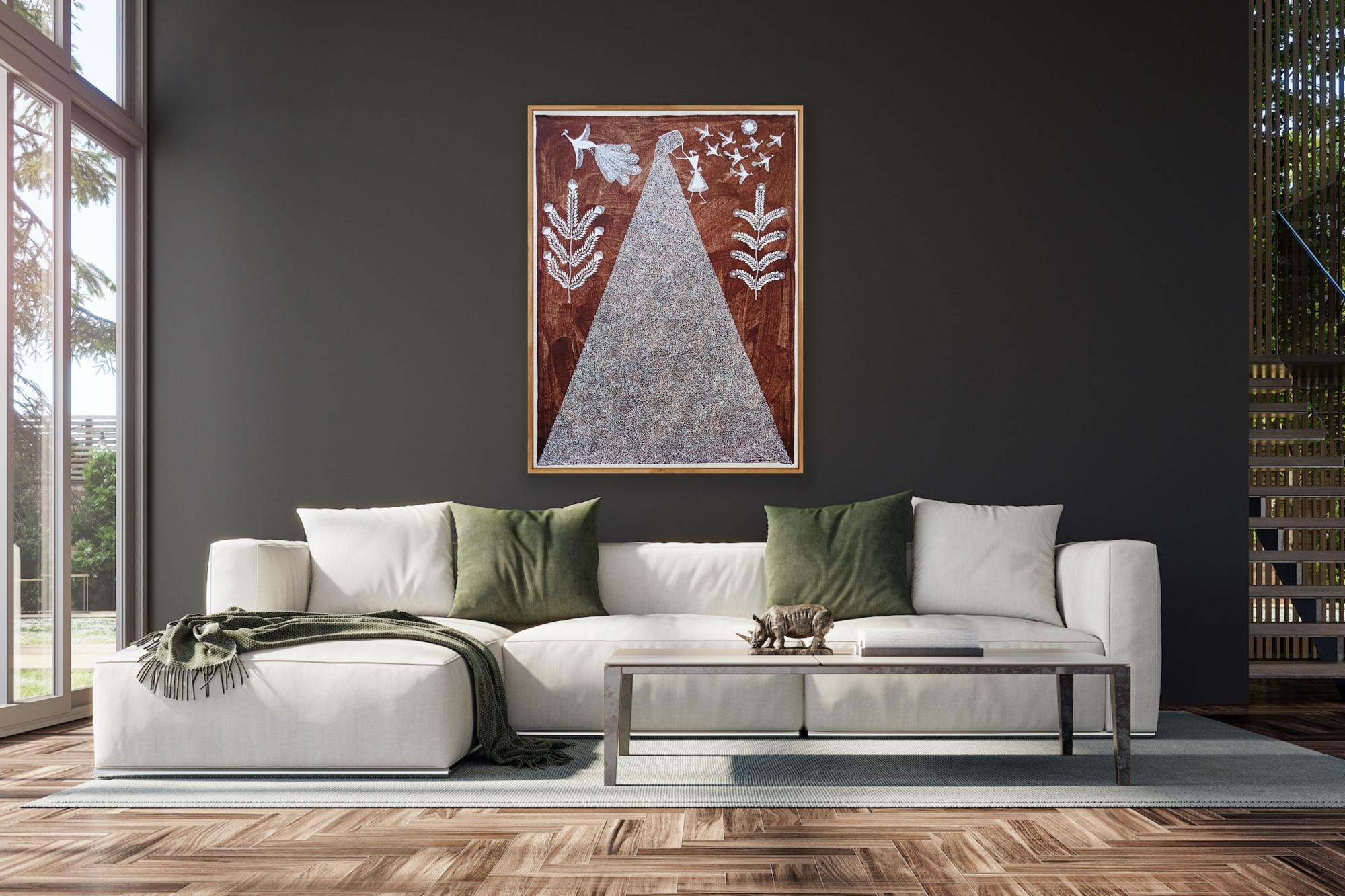 Animal Tribal Painting on Canvas India Natural Mud Minimal Brown White Triangle For Sale 11