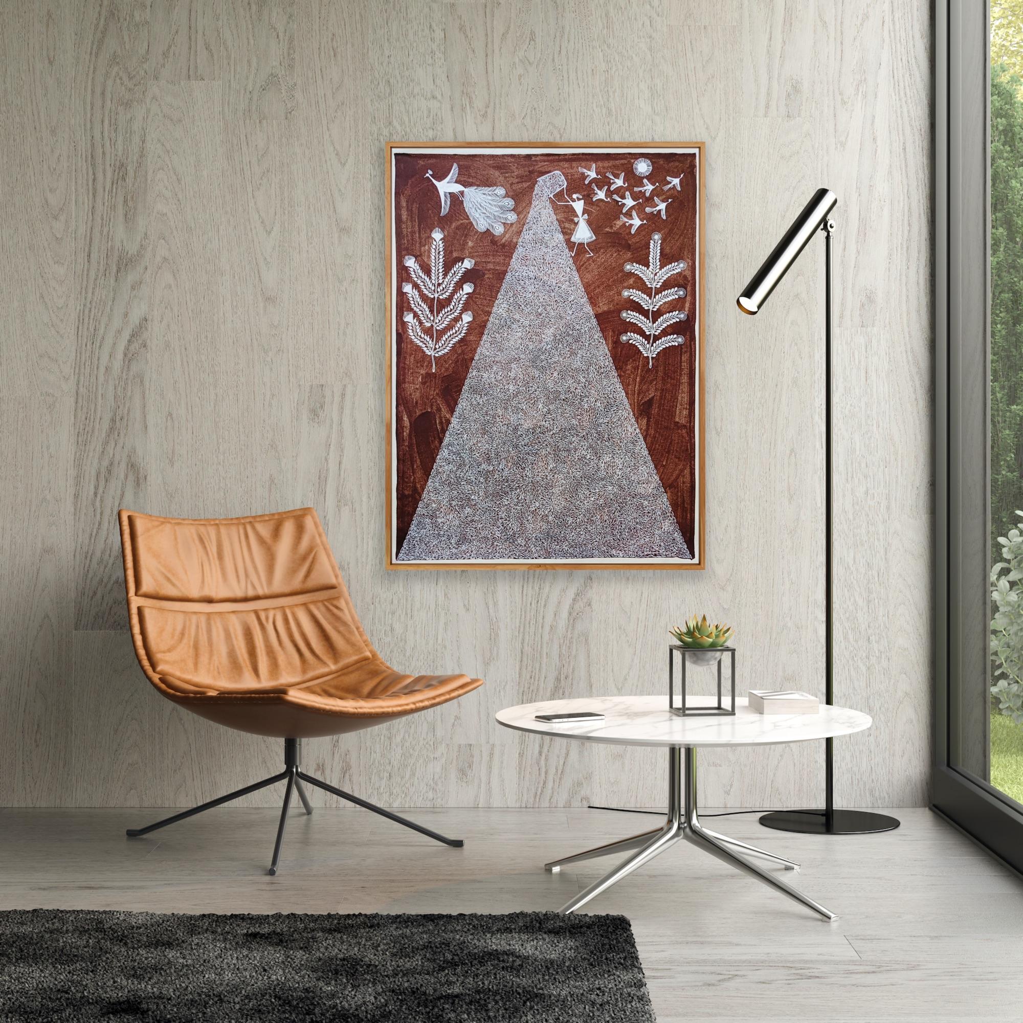 Animal Tribal Painting on Canvas India Natural Mud Minimal Brown White Triangle For Sale 12