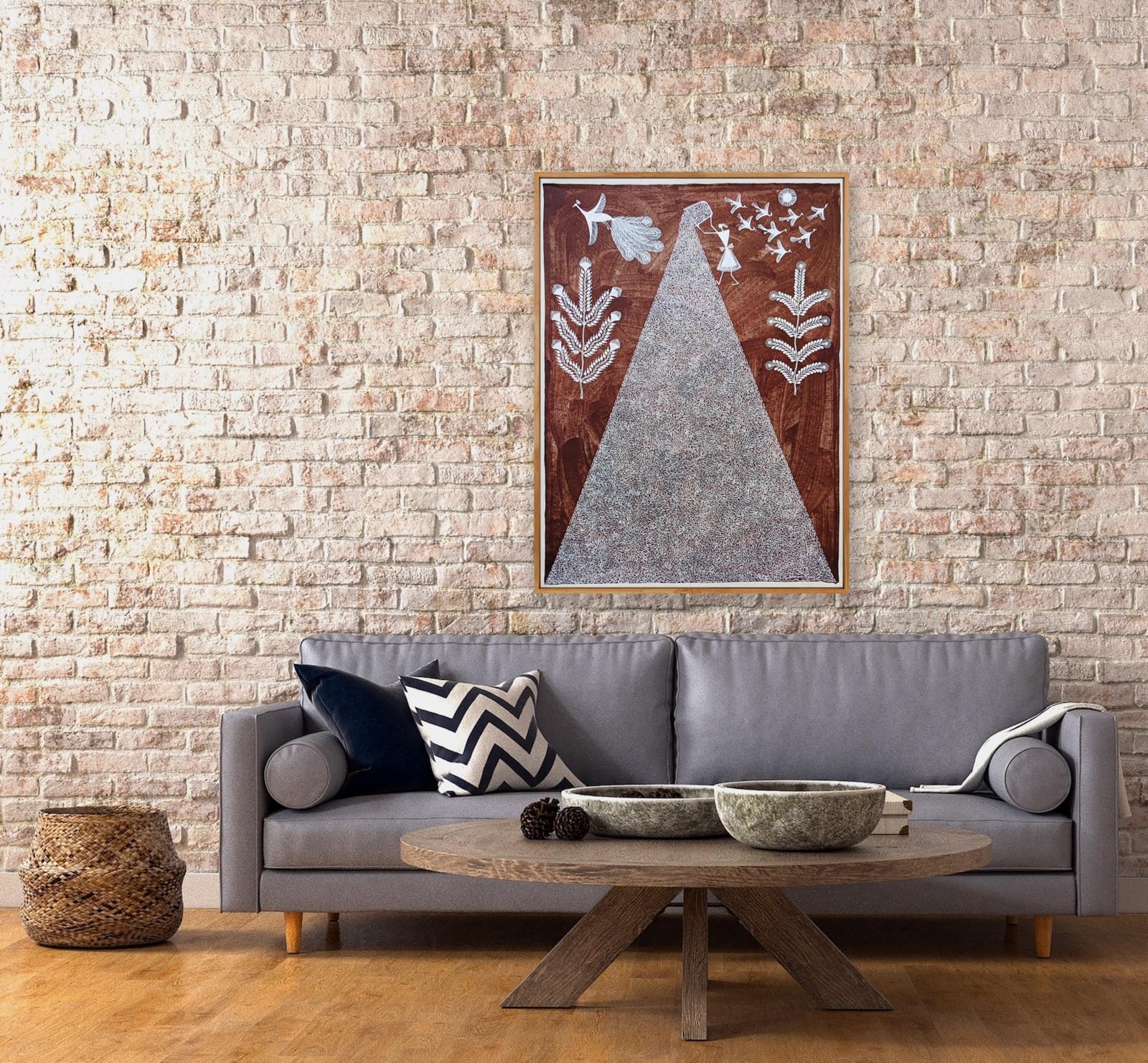 Animal Tribal Painting on Canvas India Natural Mud Minimal Brown White Triangle For Sale 5