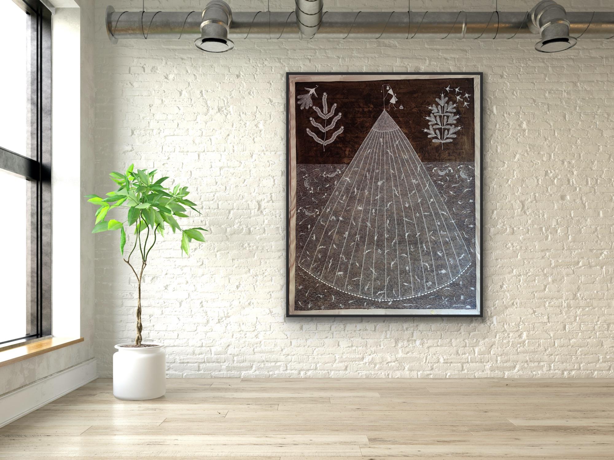 Animal Large Painting on Canvas Tribal Art India Natural Mud Minimal Fishing Net For Sale 5