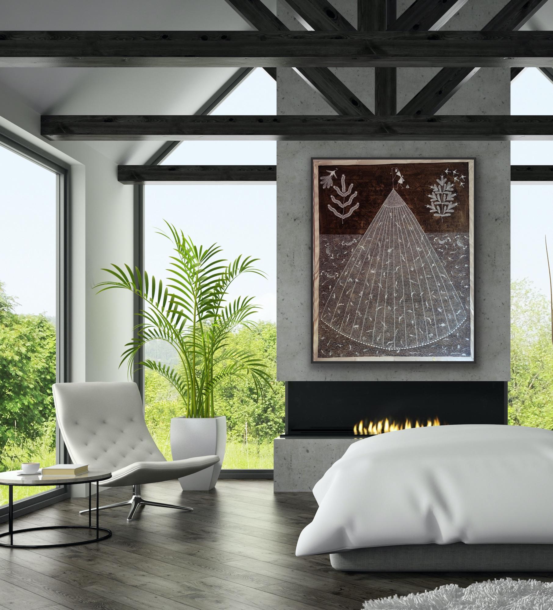 Animal Large Painting on Canvas Tribal Art India Natural Mud Minimal Fishing Net For Sale 4