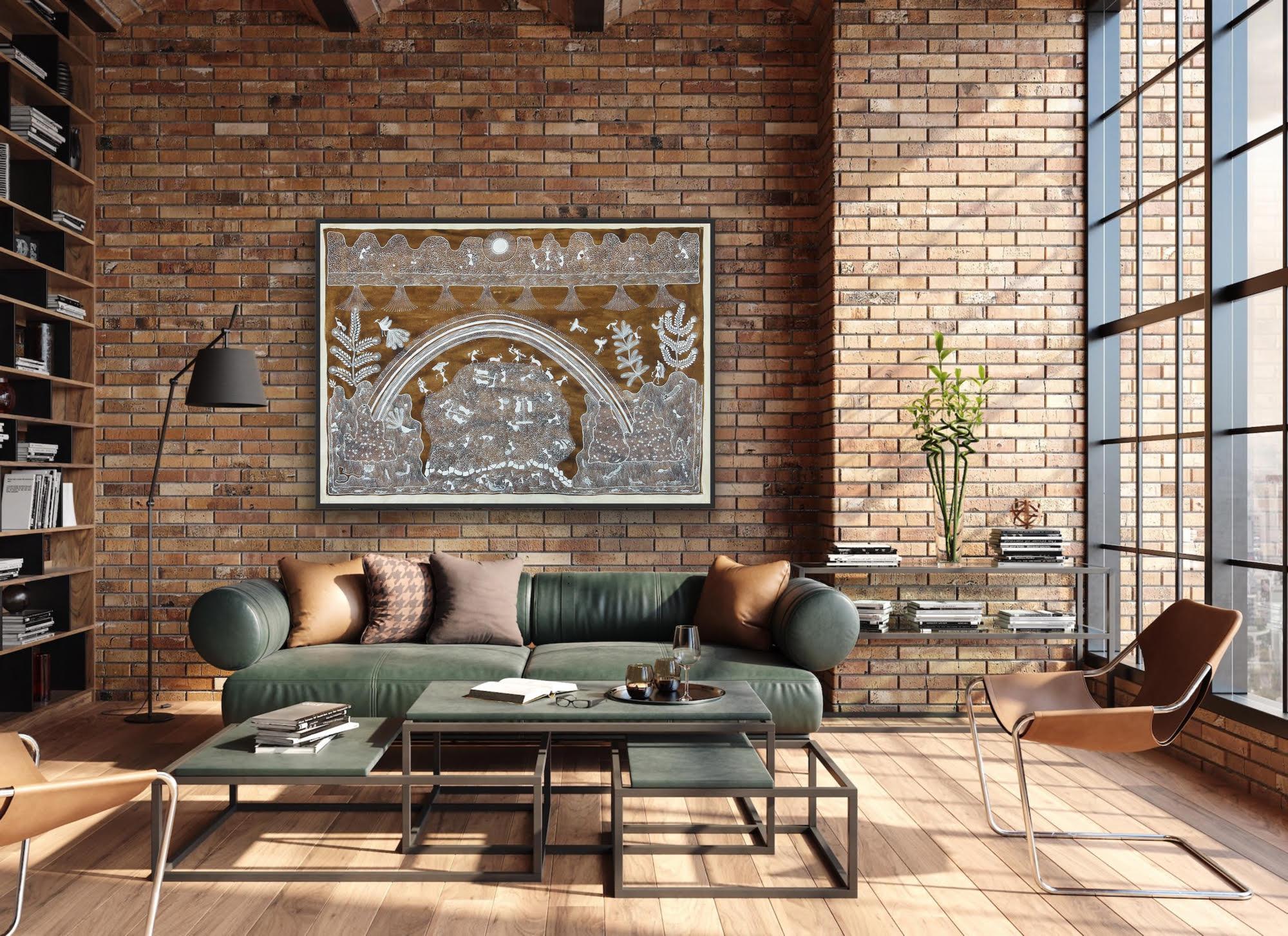 Animal Grande Peinture sur Toile Art Tribal Inde Naturelle Boue Village Arc-en-ciel en vente 7