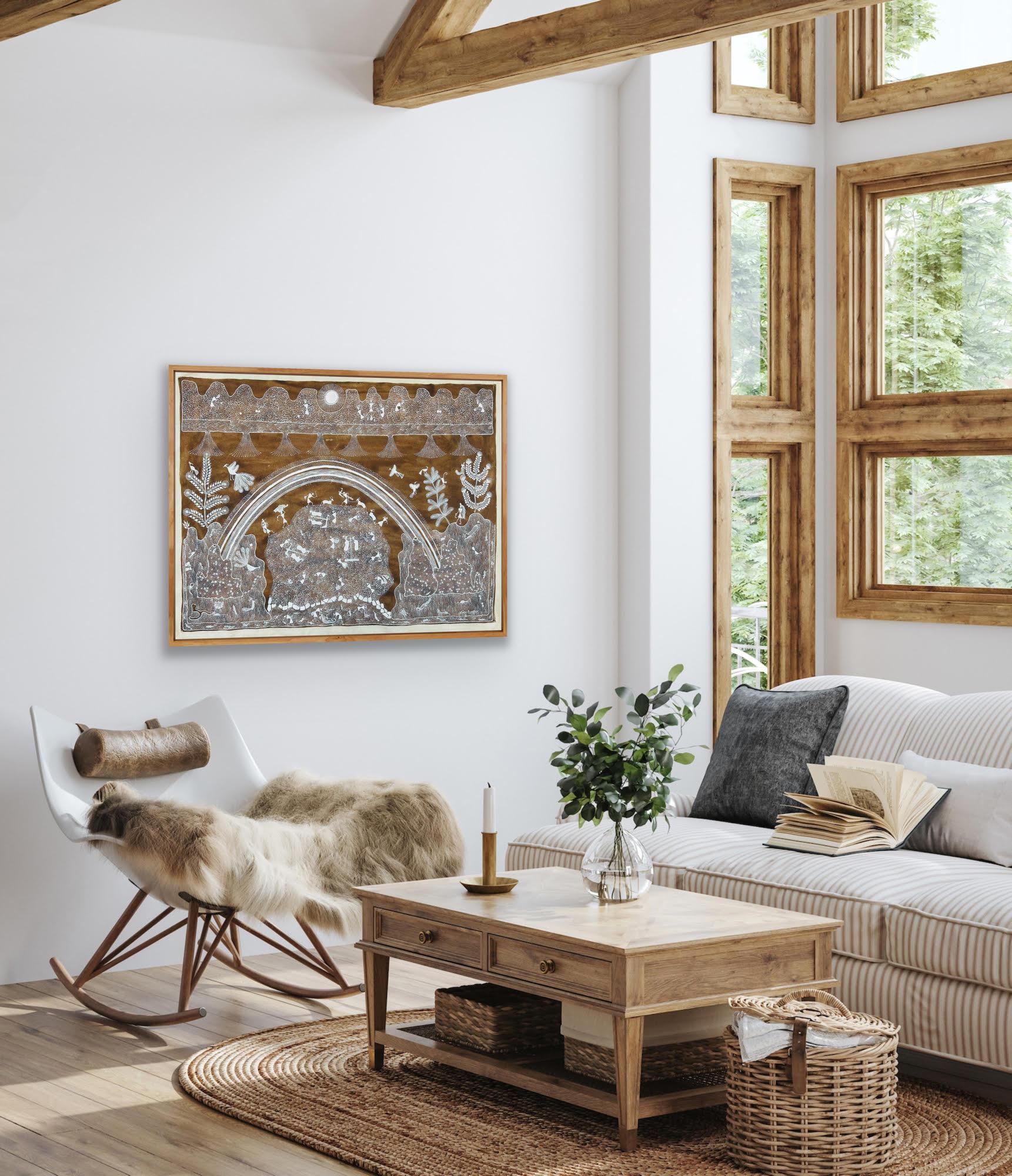 Animal Grande Peinture sur Toile Art Tribal Inde Naturelle Boue Village Arc-en-ciel - Painting de Anil Vangad
