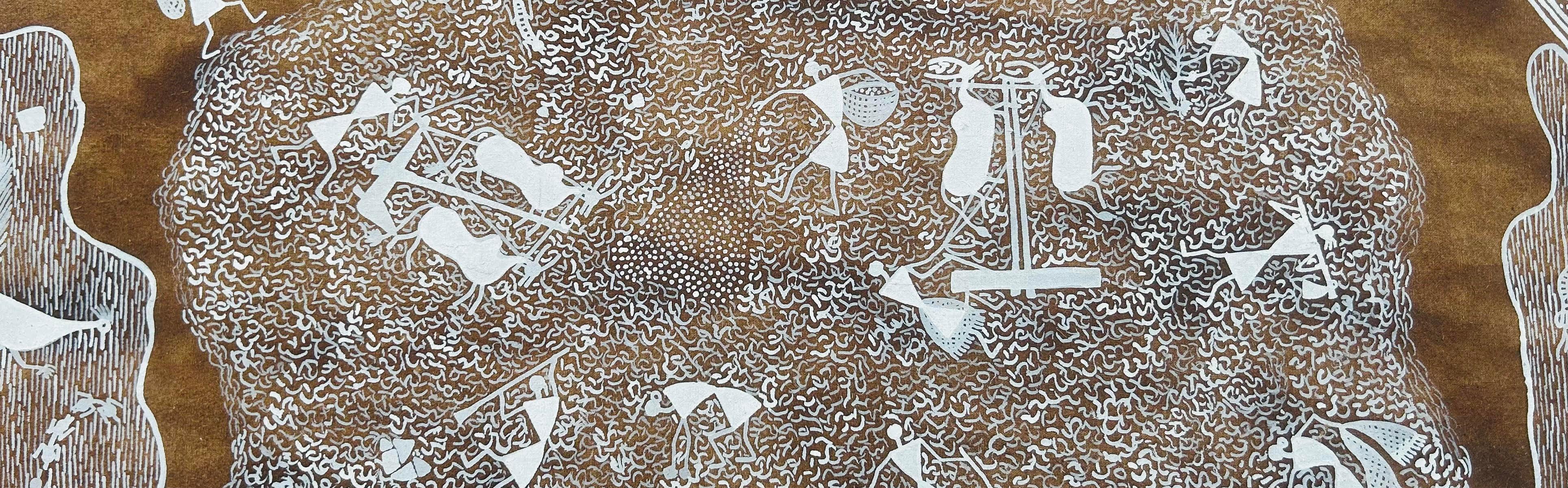 Il s'agit d'une fabuleuse et grande peinture tribale sur toile avec du lavis de bouse et des peintures blanches. 

Anil Vangad, Taille de la toile : 87 x 119 cm, Taille de l'image 78,5 x 110,5 cm, couleur blanche sur toile lavée au fumier, signée en