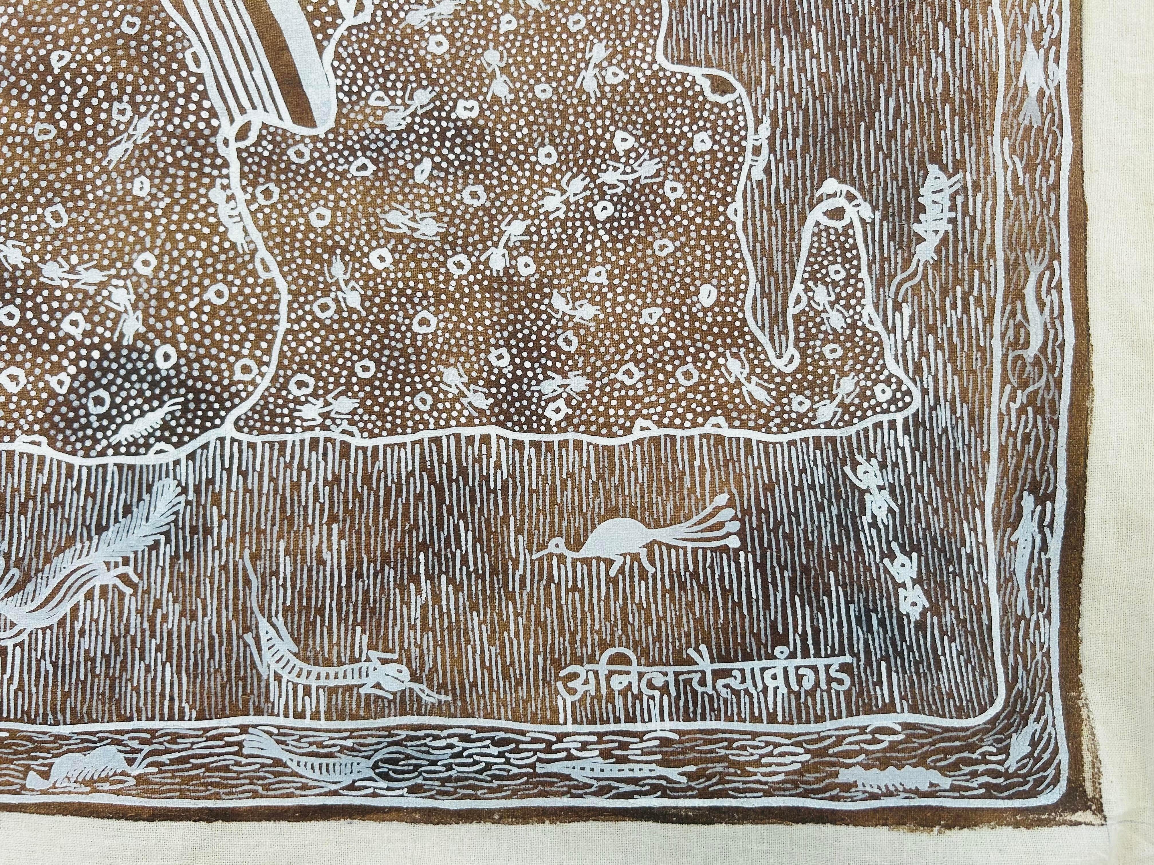 Animal Grande Peinture sur Toile Art Tribal Inde Naturelle Boue Village Arc-en-ciel en vente 2