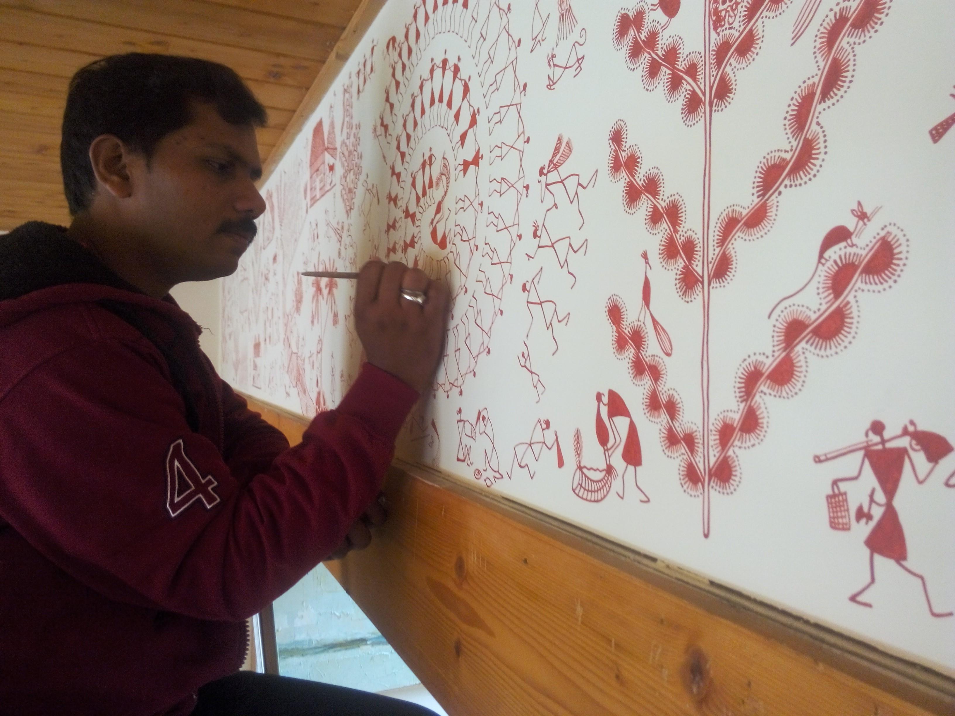 Grande peinture sur toile Tribal Art Inde Village Natural Village Minimalist - Gris Abstract Painting par Anil Vangad