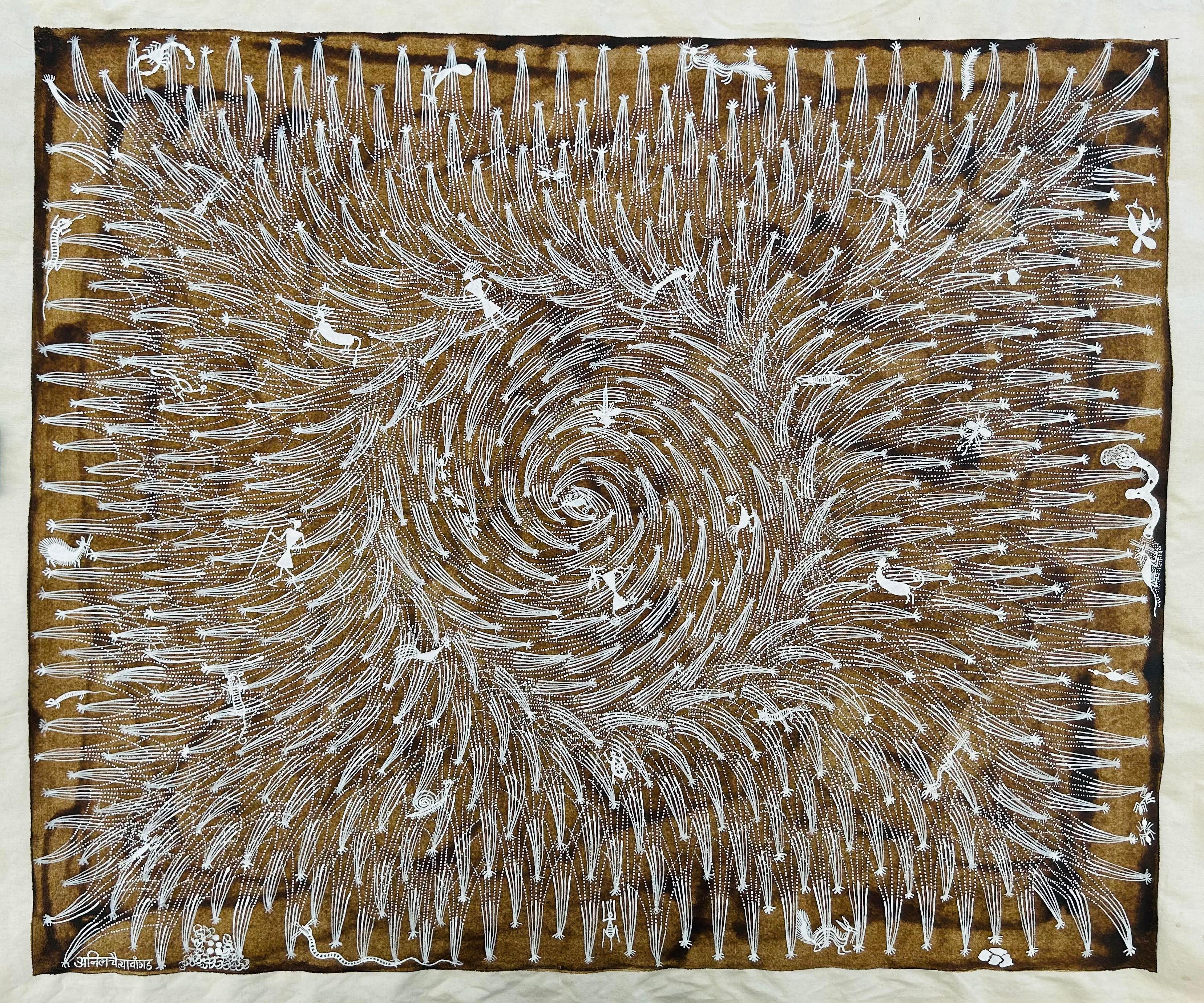 Abstract Painting Anil Vangad - Grande peinture sur toile Tribal Art Inde Village Natural Village Minimalist
