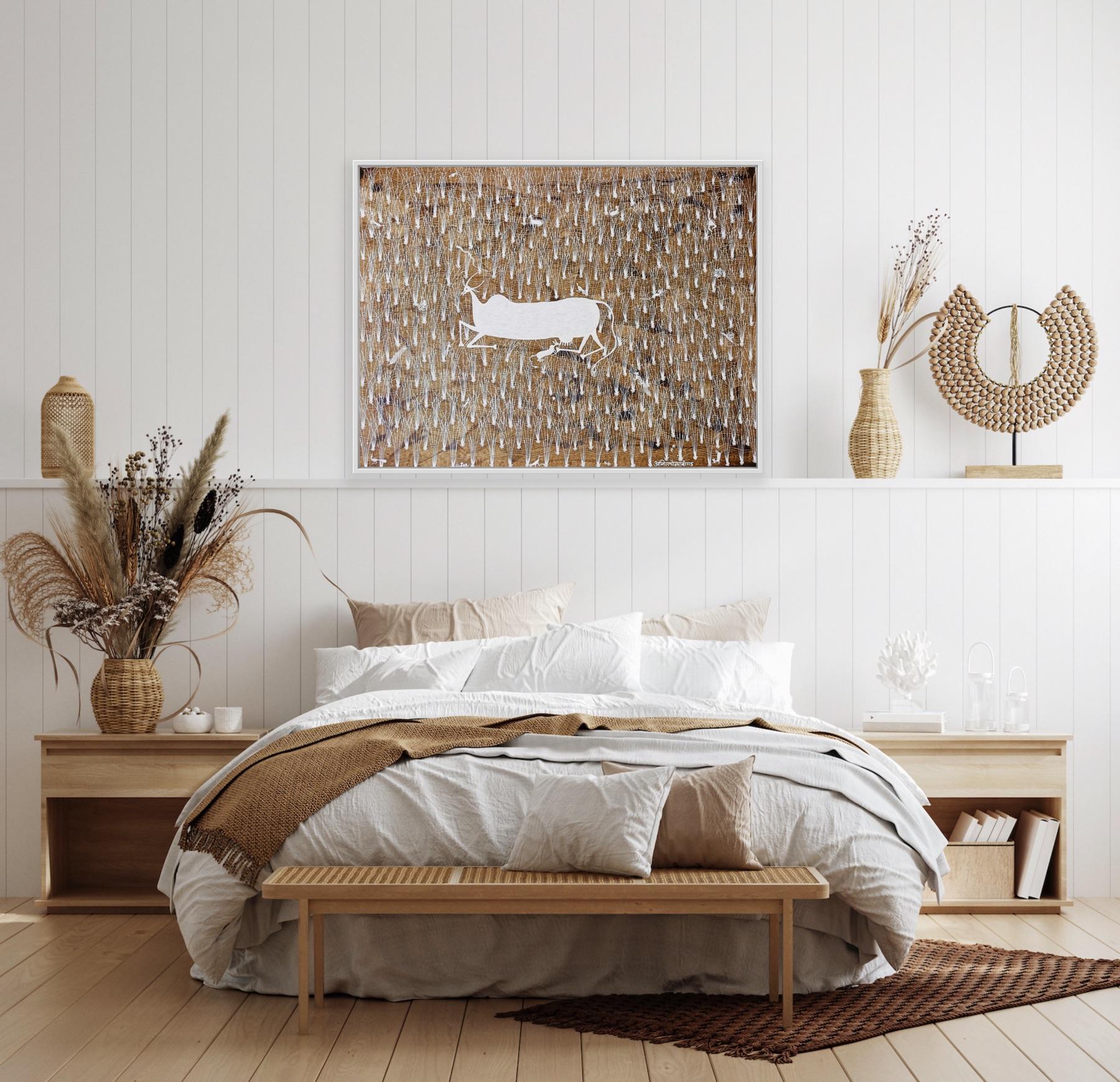 Pittura animale su tela Tribal Art India Naturale Fango Mucca Minimalista Bianco 6