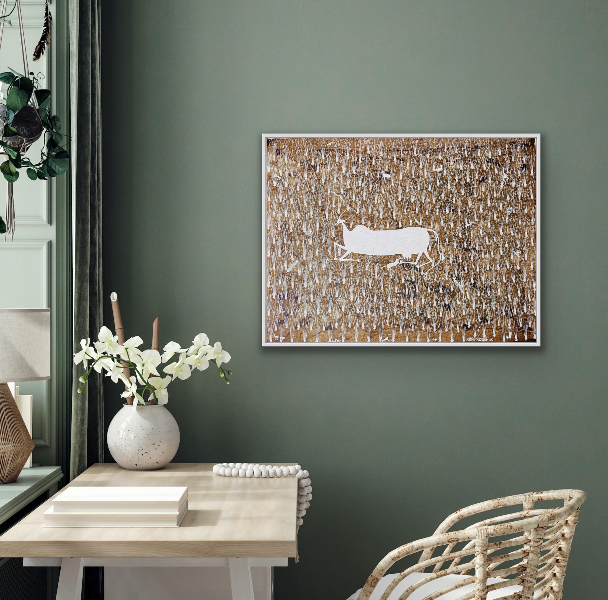 Pittura animale su tela Tribal Art India Naturale Fango Mucca Minimalista Bianco 10
