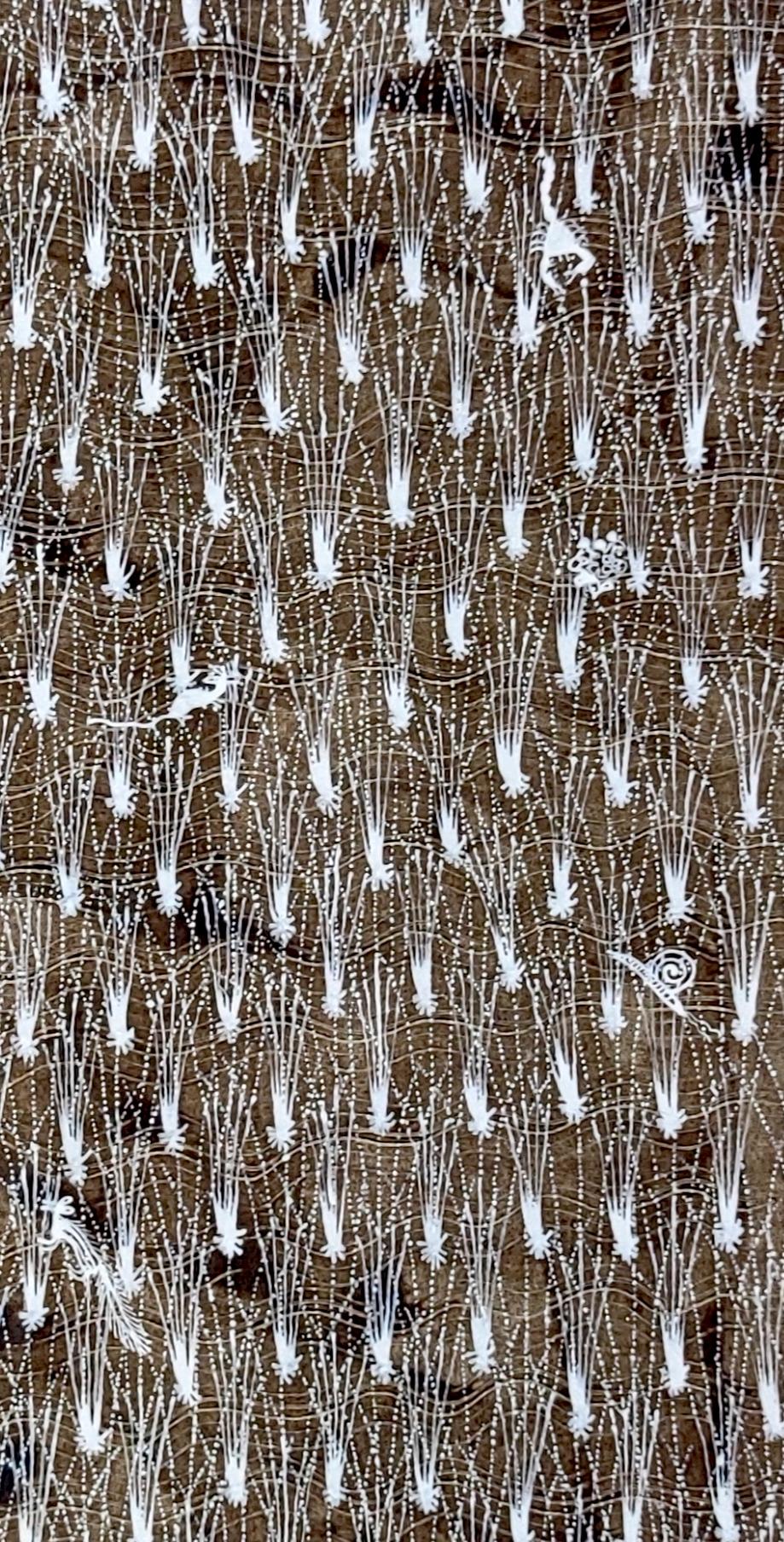 Pittura animale su tela Tribal Art India Naturale Fango Mucca Minimalista Bianco 1