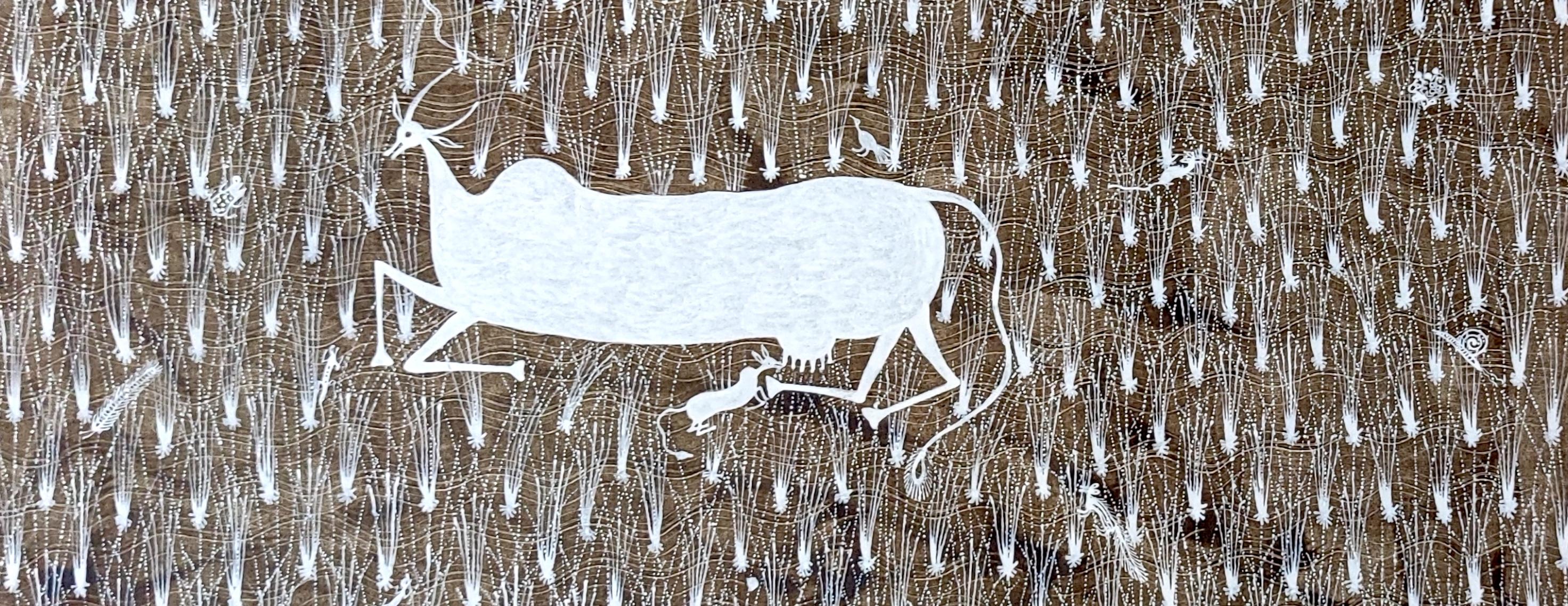 Pittura animale su tela Tribal Art India Naturale Fango Mucca Minimalista Bianco 2