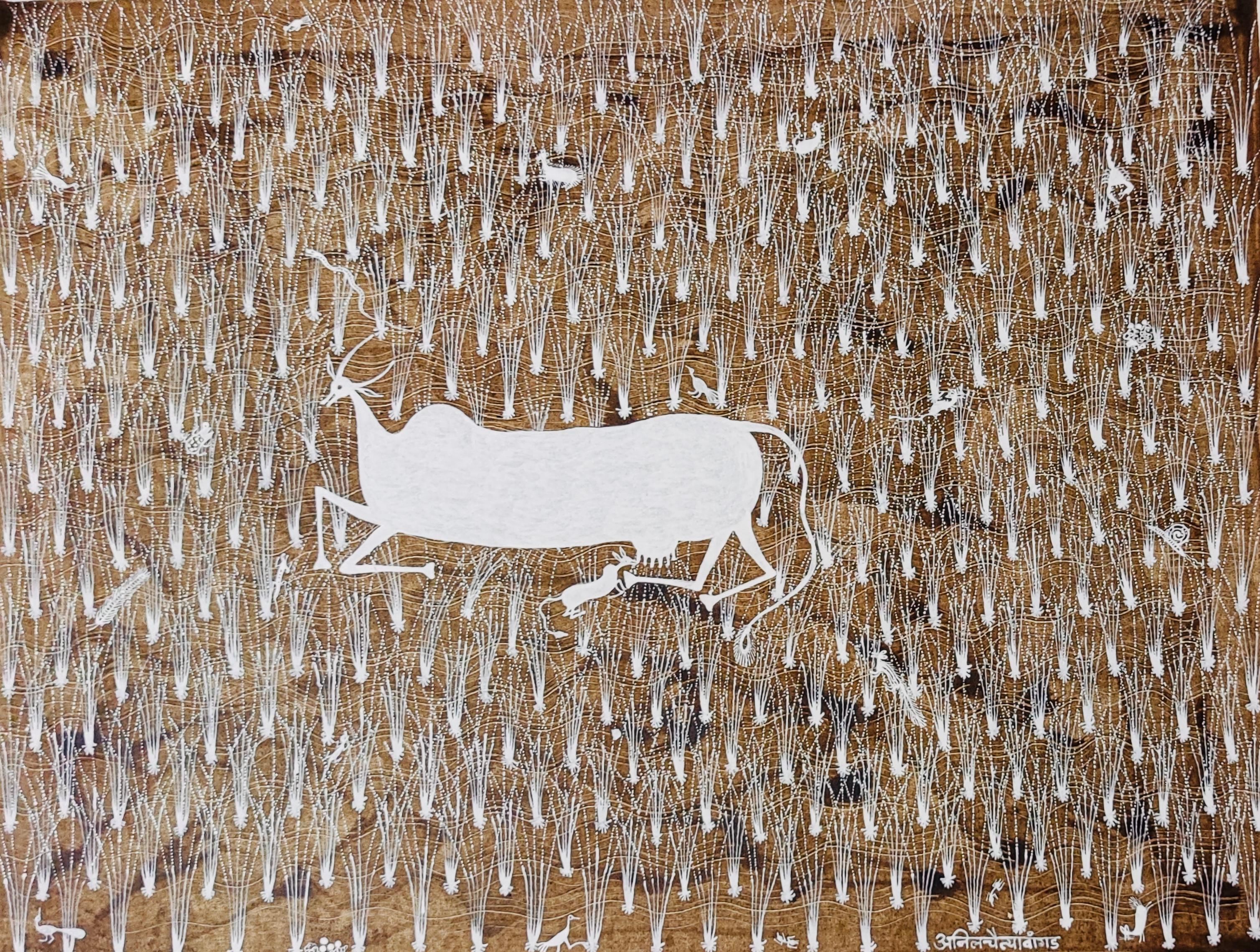 Anil Vangad Abstract Painting - Animal Painting Canvas Tribal Art India Natural Mud Minimal Cow Minimalist White