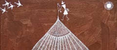 Animal Painting Canvas Tribal India Natural Mud Minimal Fish Birds Brown White