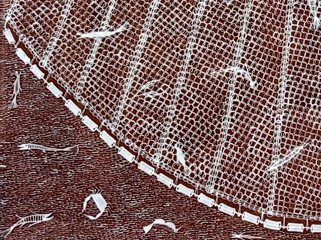 This is a fabulous, very large tribal painting on cloth canvas with dung wash and acrylic paints The depiction of the fishing net and its imagined size represents the importance of fishing to the Warli community. Surrounded by large rivers fishing