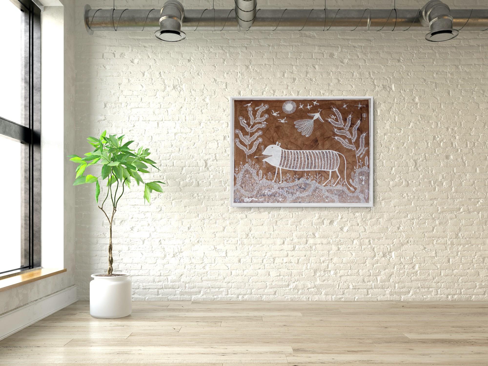 Animal Painting on Canvas Cloth Tribal Natural Art Mud Tiger Birds India  - Brown Landscape Painting by Anil Vangad
