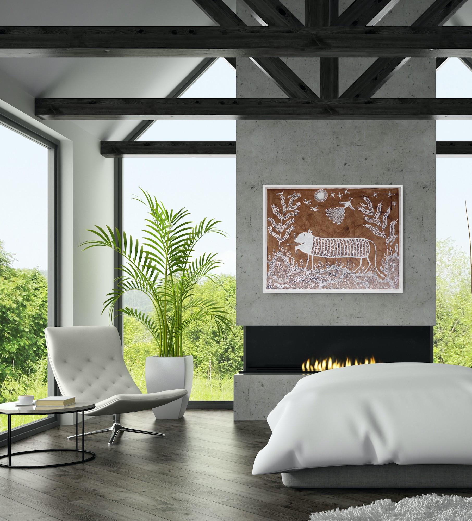 This is a fabulous animal painting on cloth canvas with dungwash and white paint. In the Warli regions in India, the animals in the forest are of vital importance to the tribes and tales revolve around the comings and goings and the myths of the