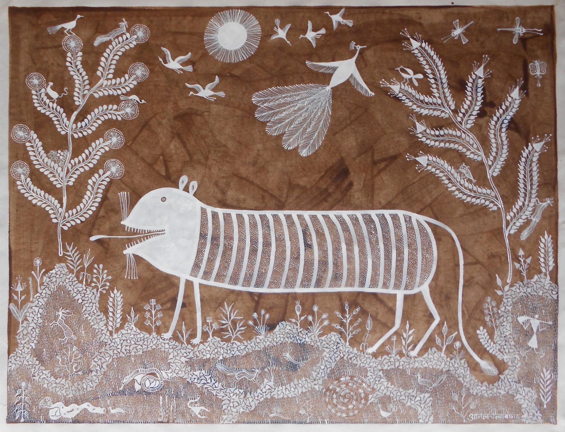 Anil Vangad - Animal Painting on Canvas Cloth Tribal Natural Art Mud Tiger  Birds India at 1stDibs