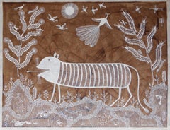 Peinture d'animaux sur toile en tissu - Art naturel - Art tribal - Tigre mou, oiseaux, Inde 