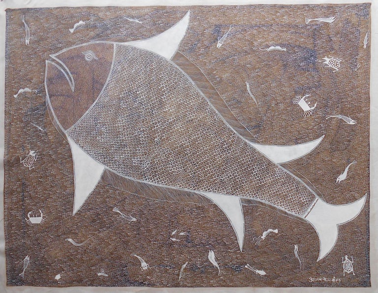 Anil Vangad - Animal Painting on Canvas Tribal Art India Big Fish Sea Natural Earth Minimalism at 1stDibs Anil Vangad - Animal Painting on Canvas Tribal Art India Big Fish Sea Natural Earth Minimalism at 1stDibs