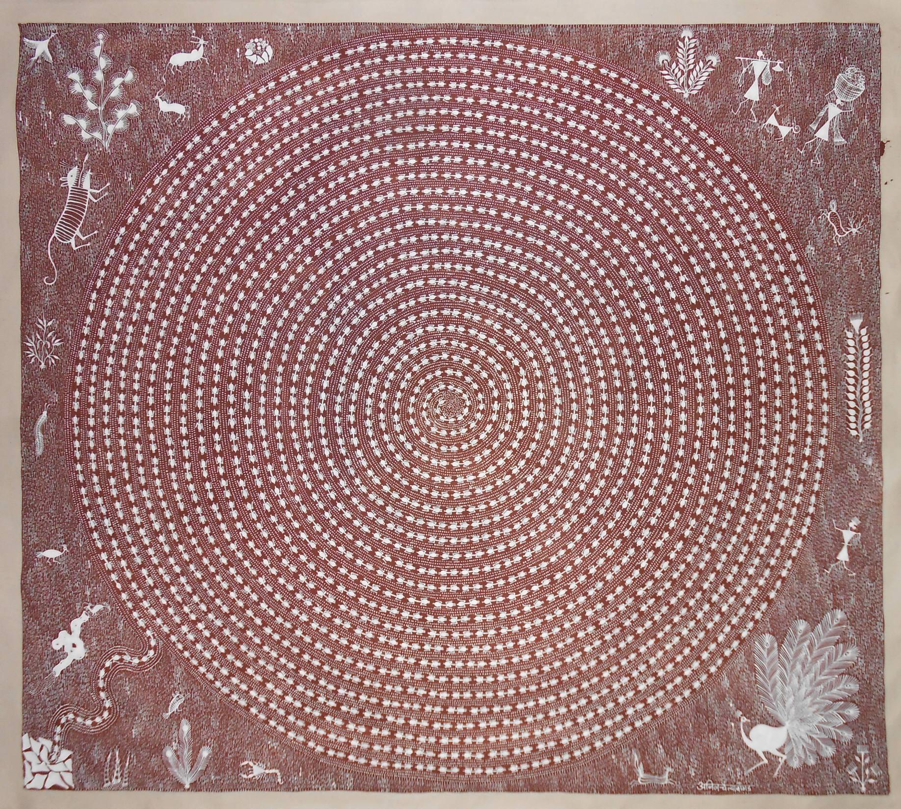 This is a fabulous animal painting on cloth canvas with red mud and white paint. The depiction of an 'ant carousel' replicates the patterns made by the tribes dancers. Like the people from the Warli tribe the ants are always busy and just like the
