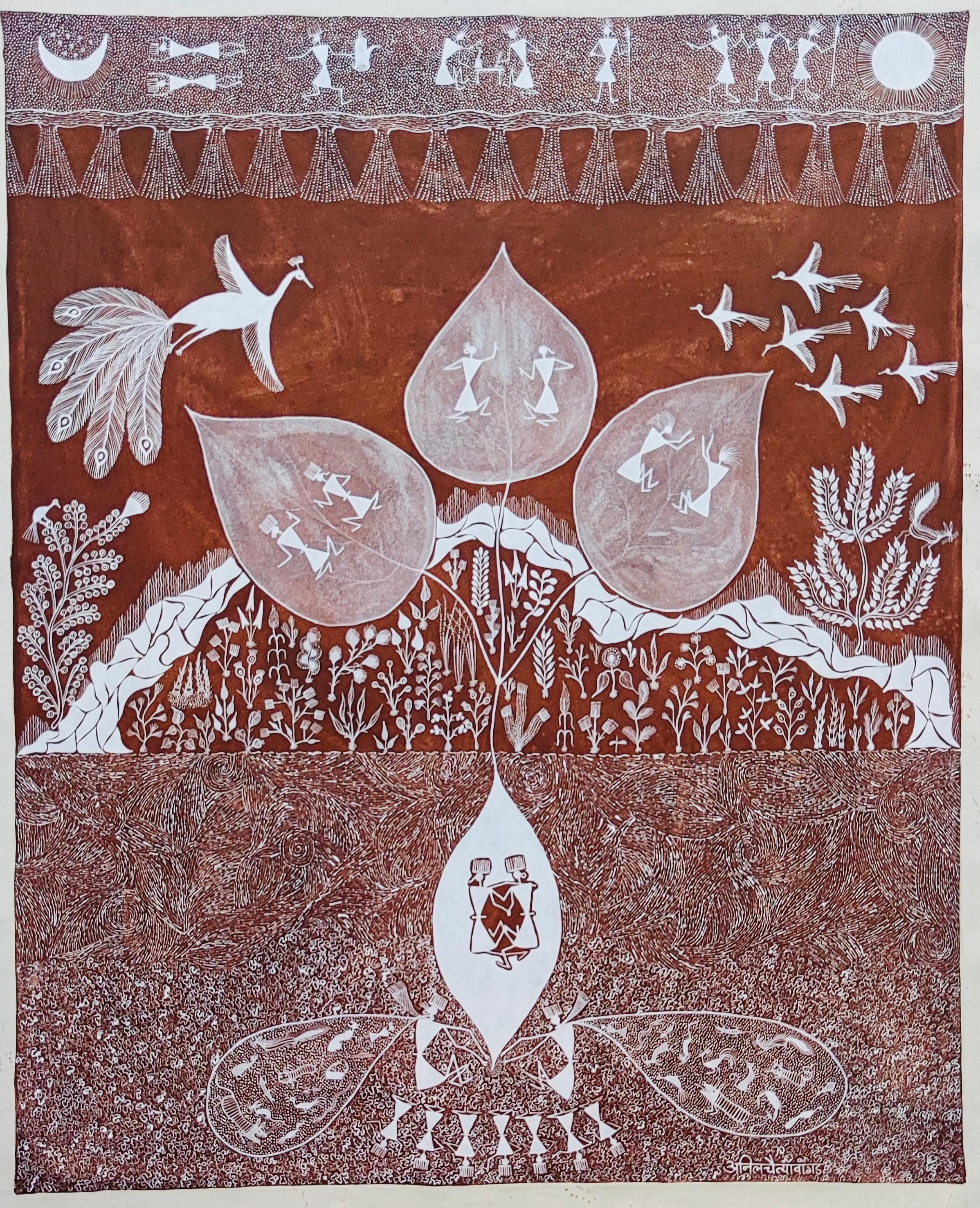 Anil Vangad Animal Painting - Animal Tribal Nature Painting Canvas India Art Brown White Trees Birds Moon Sun