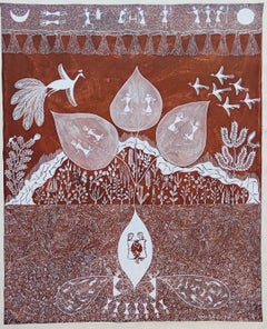 Animal Tribal Nature Painting Canvas India Art Brown White Trees Birds Moon Sun