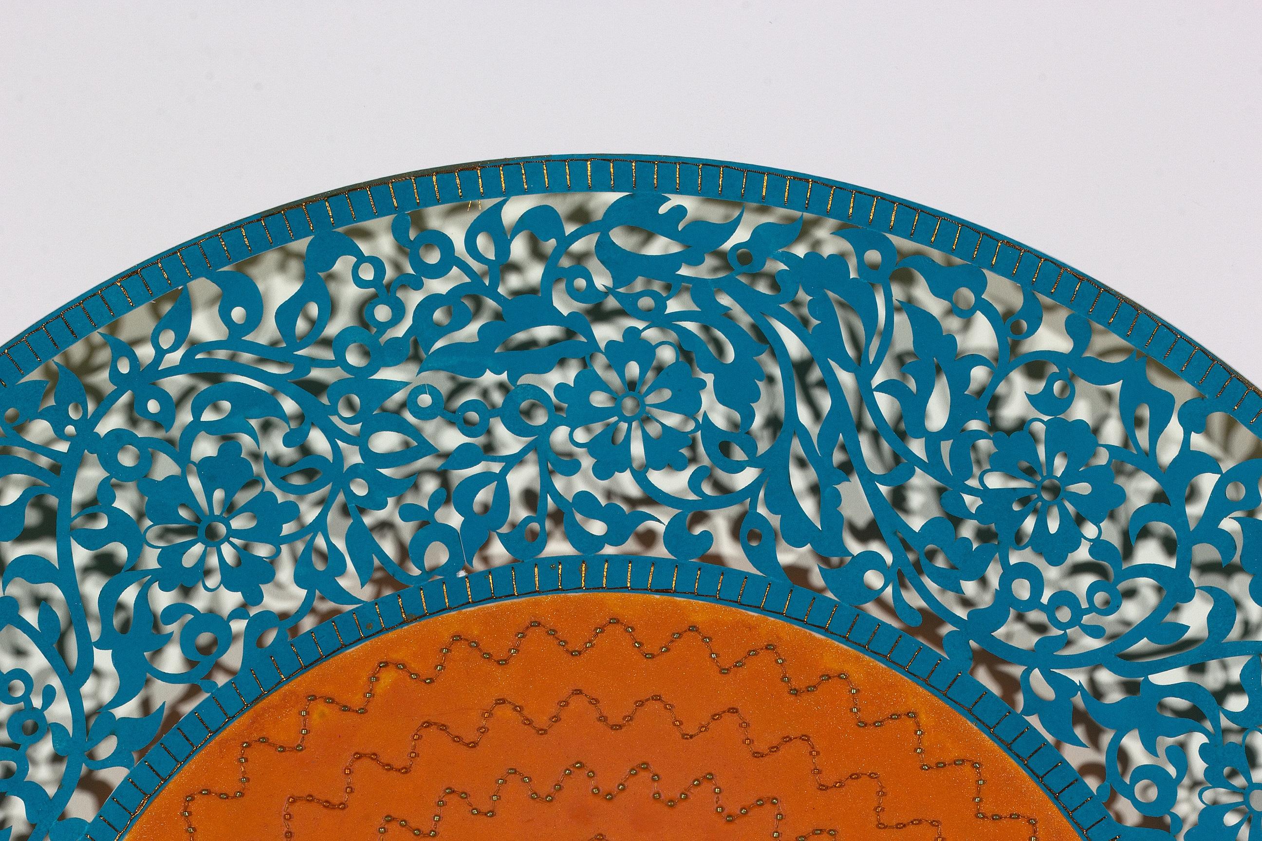 Flowers (Blue and Orange Circle) - Painting by Anila Quayyum Agha