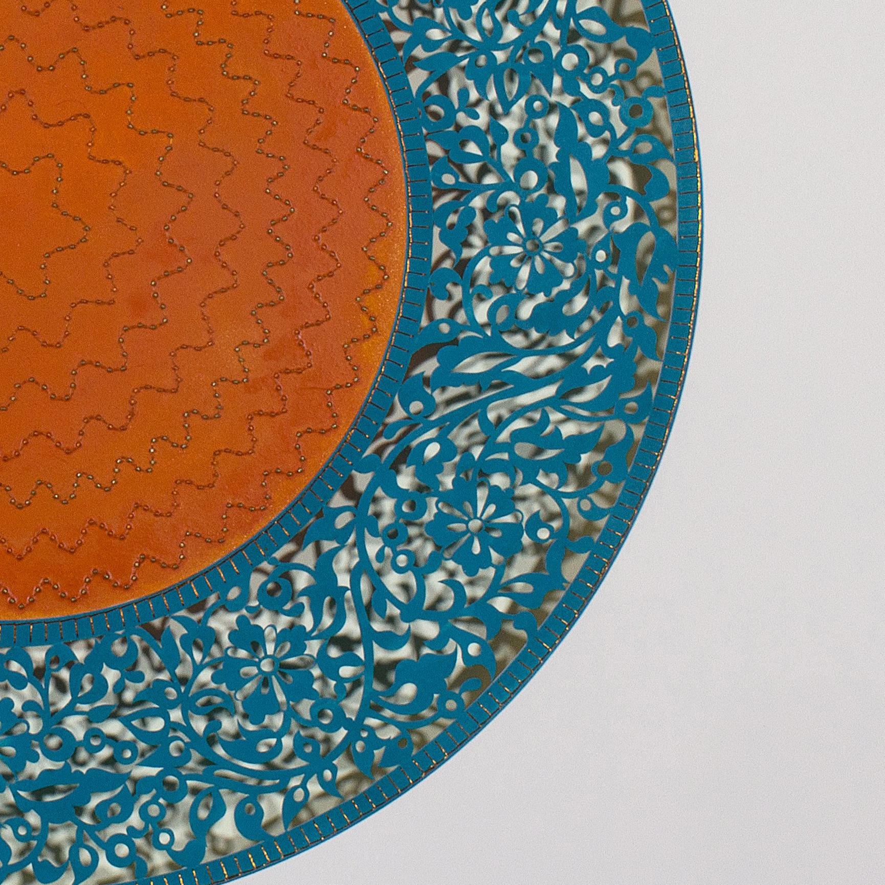 Flowers (Blue and Orange Circle) - Abstract Geometric Painting by Anila Quayyum Agha
