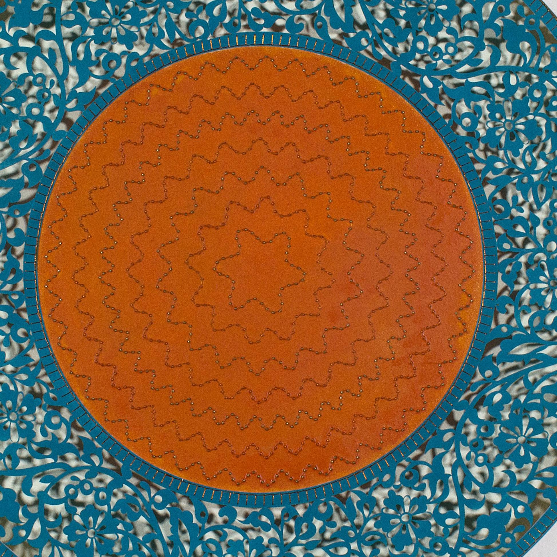 Flowers (Blue and Orange Circle) - Gray Abstract Painting by Anila Quayyum Agha