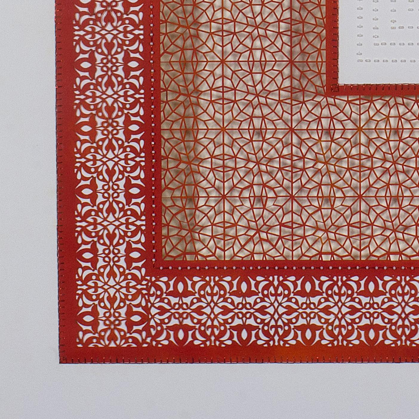 Anila Quayyum Agha
Flowers (Three Red Squares and One White), 2017
Mixed media on paper (red square with white beads in center square; second square cutout with no backing)
29.5 x 29.5 inches
75 x 75 cm

Anila Quayyum Agha examines issues of global