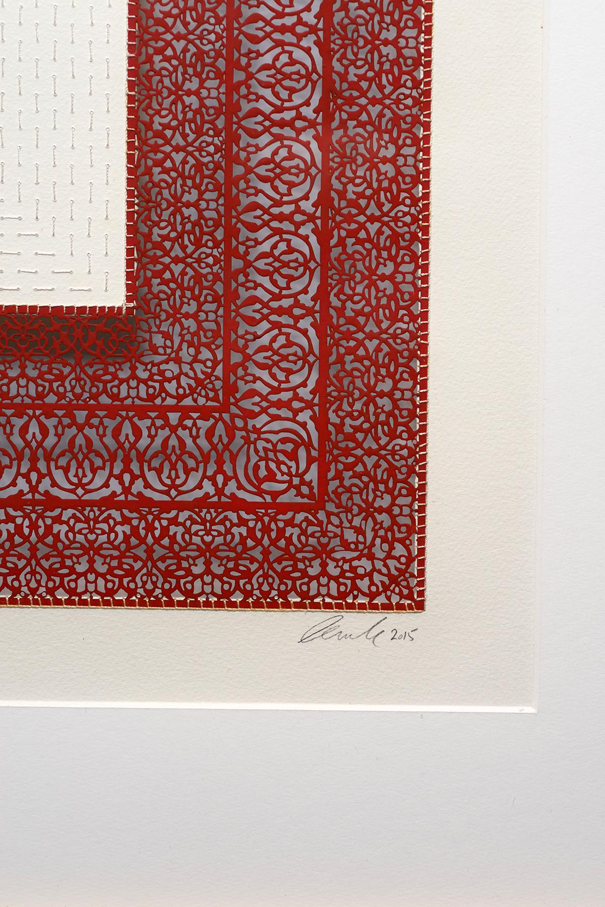 Laser-cut encaustic red burgundy floral embroidery on paper - Painting by Anila Quayyum Agha