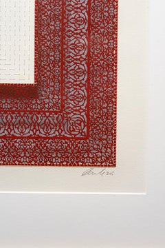 Laser-cut encaustic red burgundy floral embroidery on paper