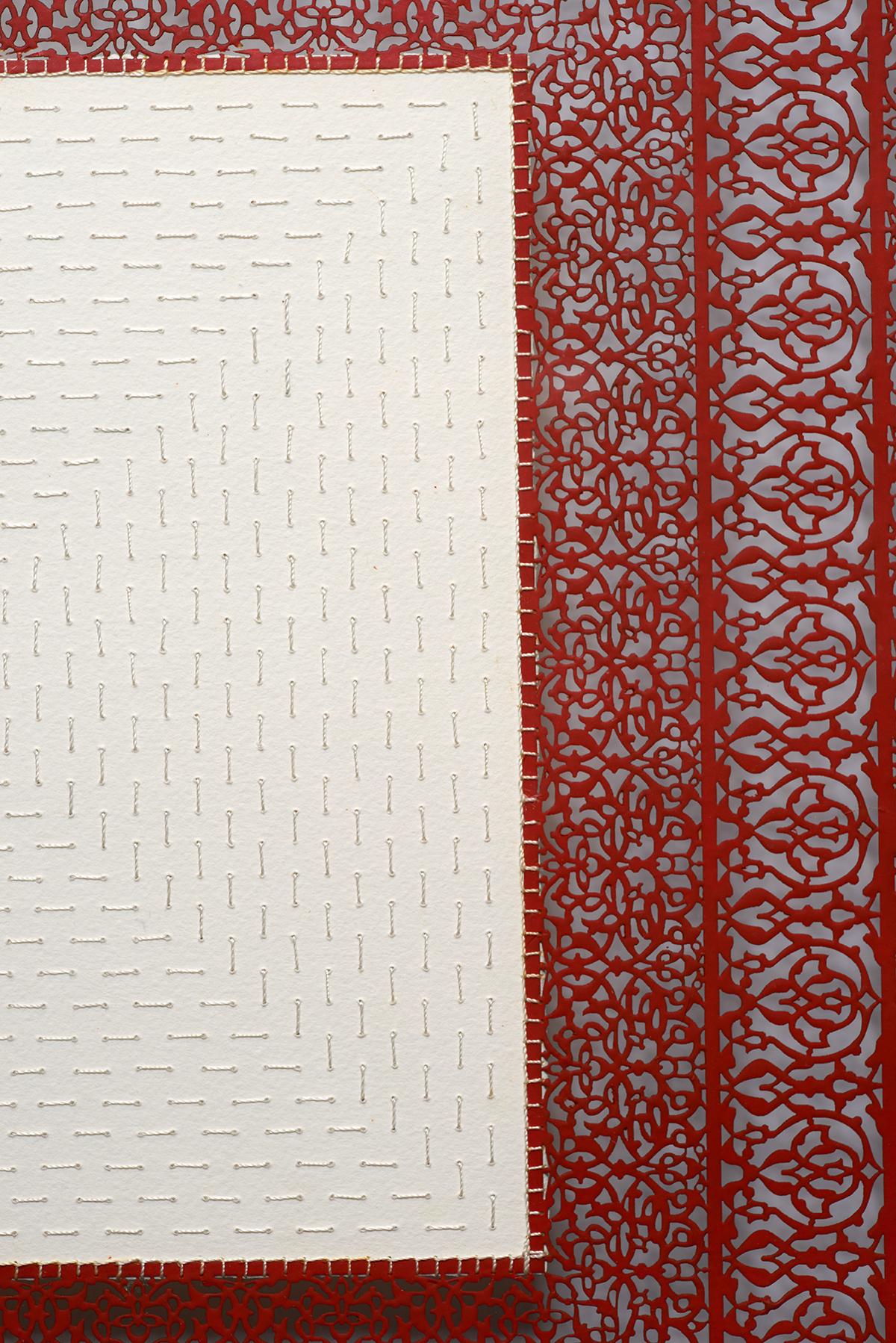 Laser-cut encaustic red burgundy floral embroidery on paper - Abstract Geometric Painting by Anila Quayyum Agha