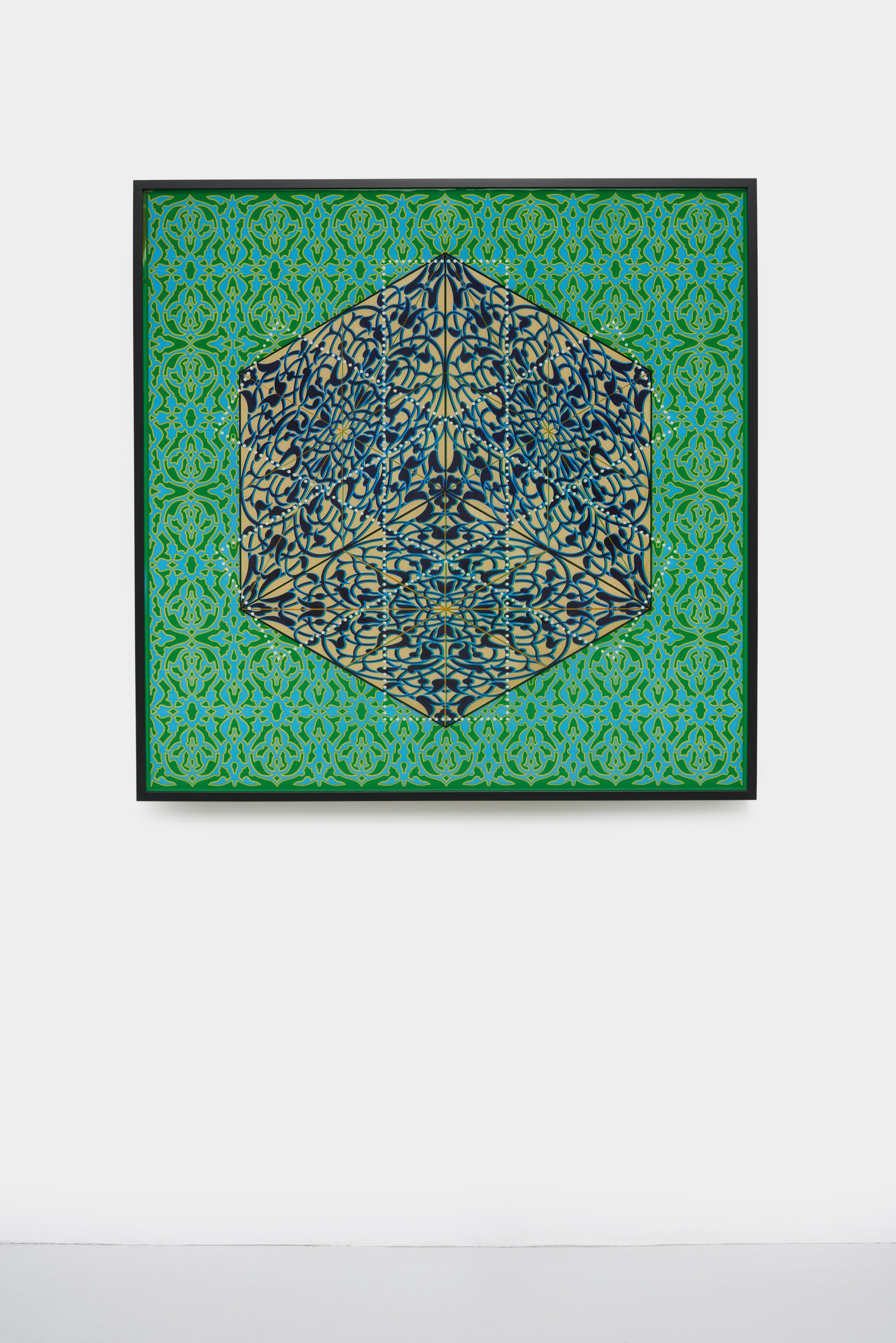 Quadro in resina a motivi verdi e blu ispirato ai tessuti dell'Asia meridionale - Painting Astrattismo geometrico di Anila Quayyum Agha