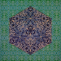 Green and blue patterned resin painting inspired by South Asian textiles