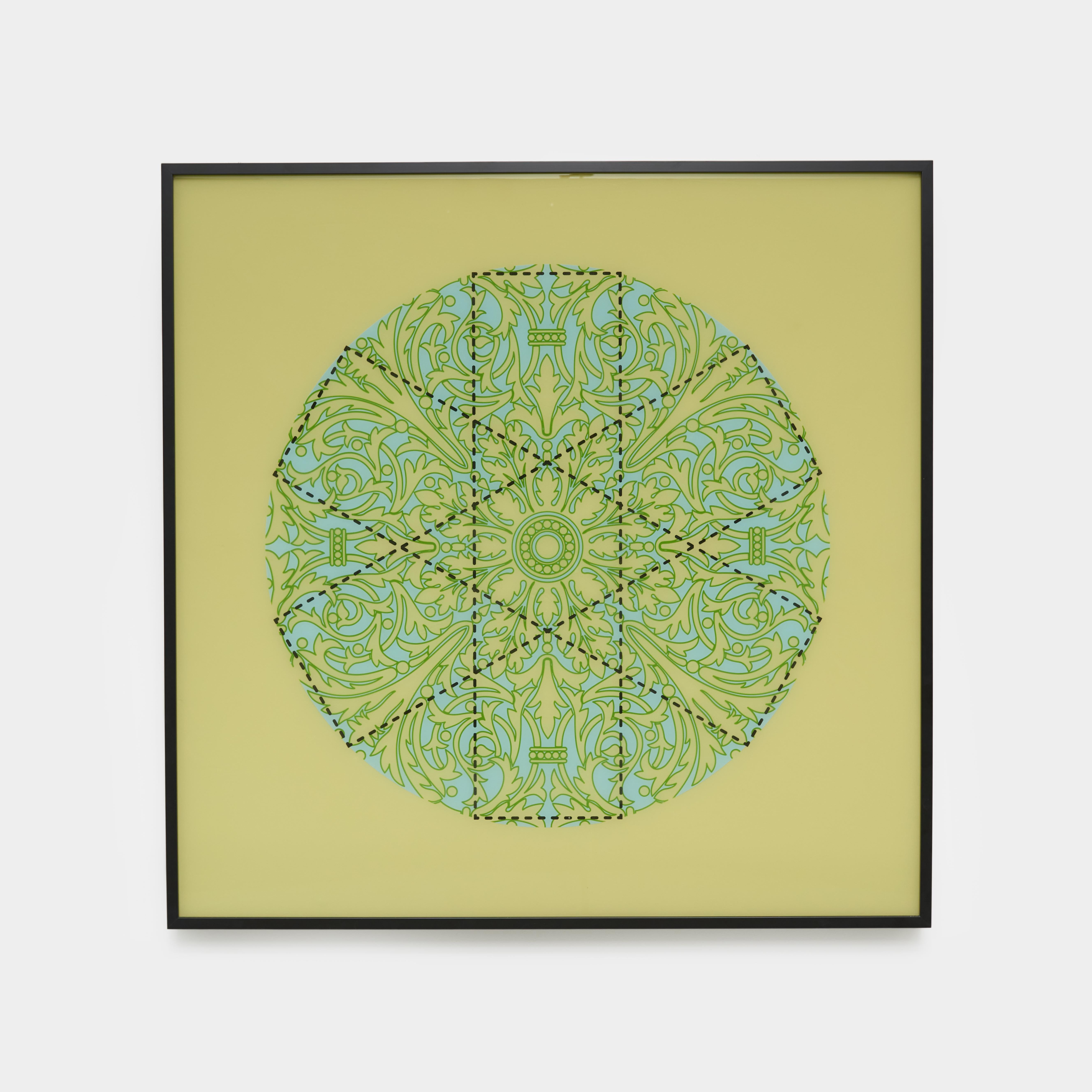 Quadro in resina verde e blu con motivi geometrici dell'India del Sud - Painting di Anila Quayyum Agha