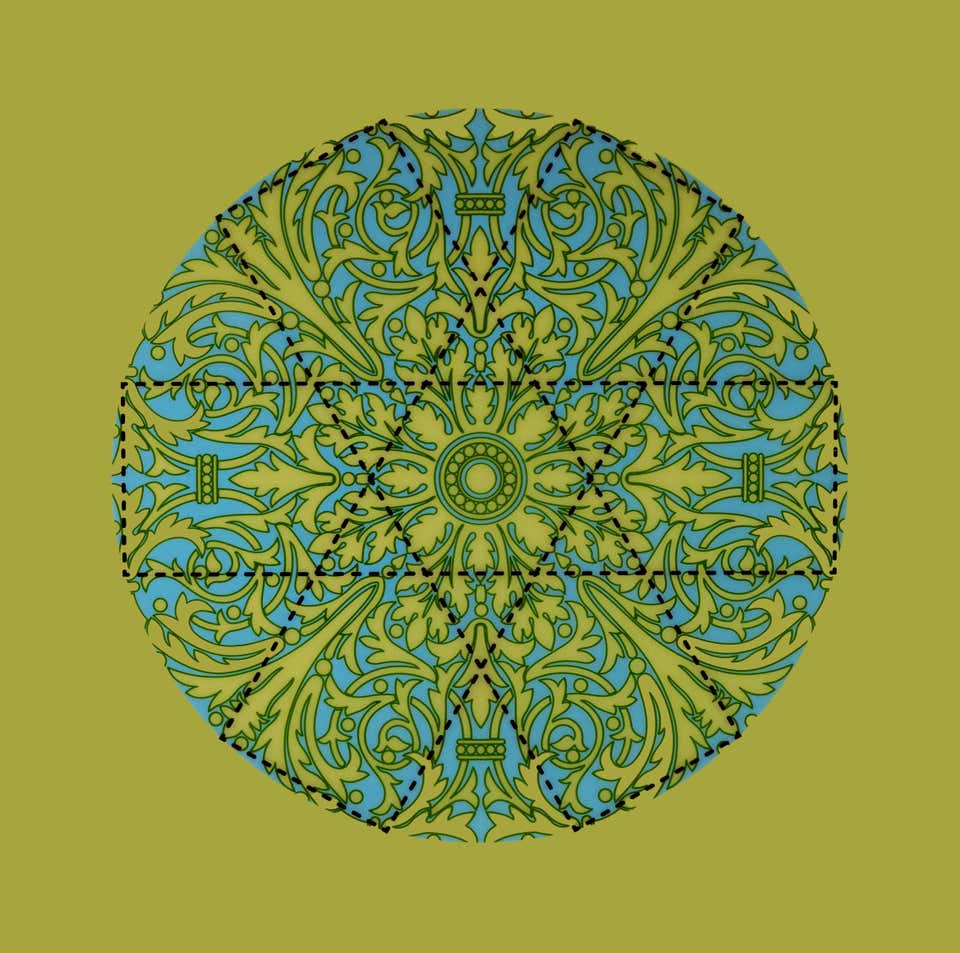 Green and blue resin painting with South Indian geometric patterns