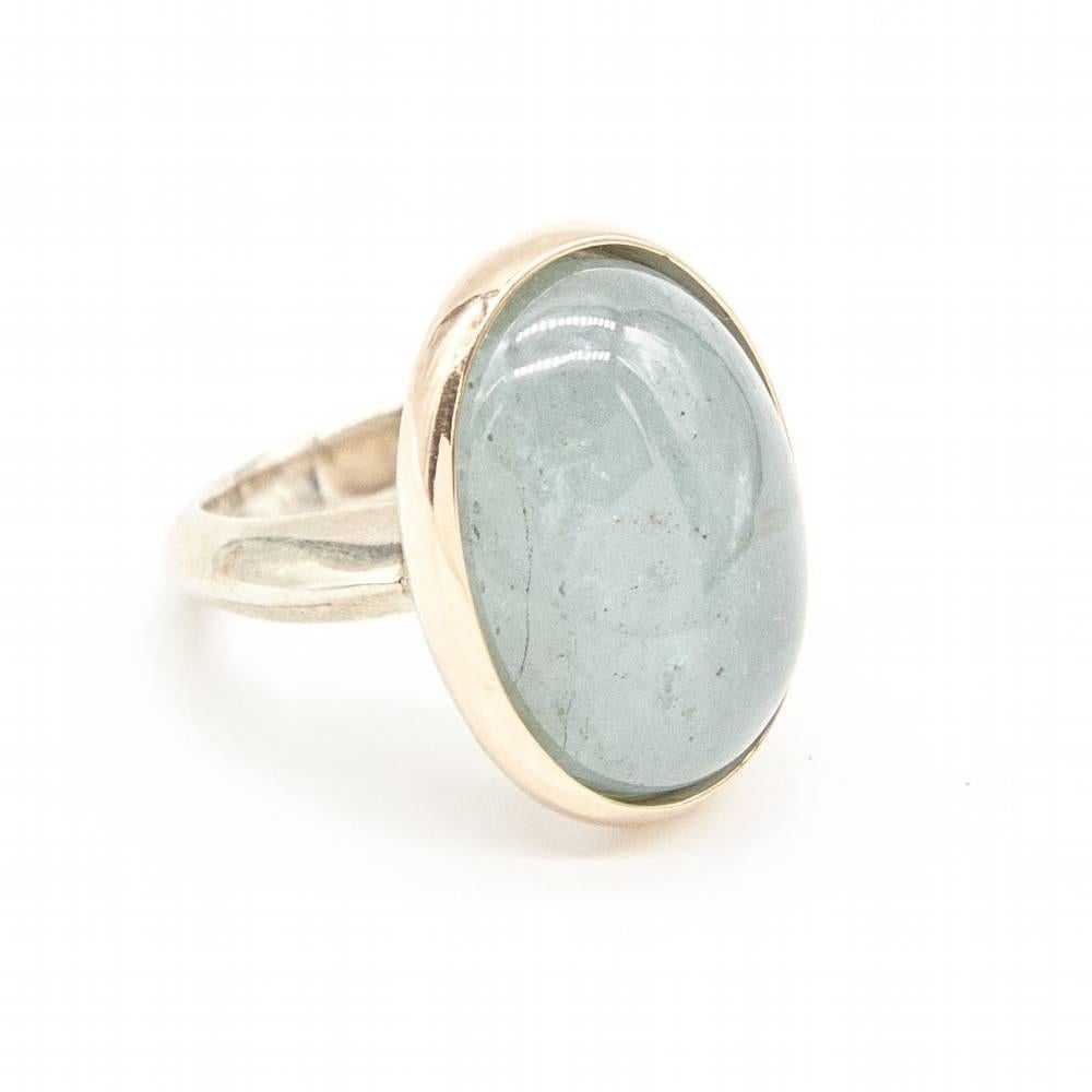 Rose Gold and Silver Ring for woman : 1x Aquamarine in Oval cabochon cut l Size 13 : 18K Rose Gold bezel and 925 Sterling Silver arm : 10,64 grams : Ref:D363903SO