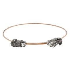 Animal 18 Karat Gold and Sterling Silver Lion and Lioness Bangle with Diamonds