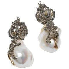 18 Karat Rose Gold Brown Diamond Animal Baroque Pearl Drop Earrings