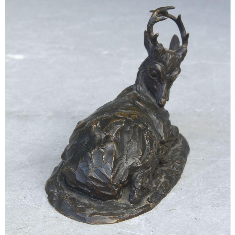 Patinated Animal Bronze Deer at Rest Bronze with Medal Patina by Robert Bousquet 19th C For Sale